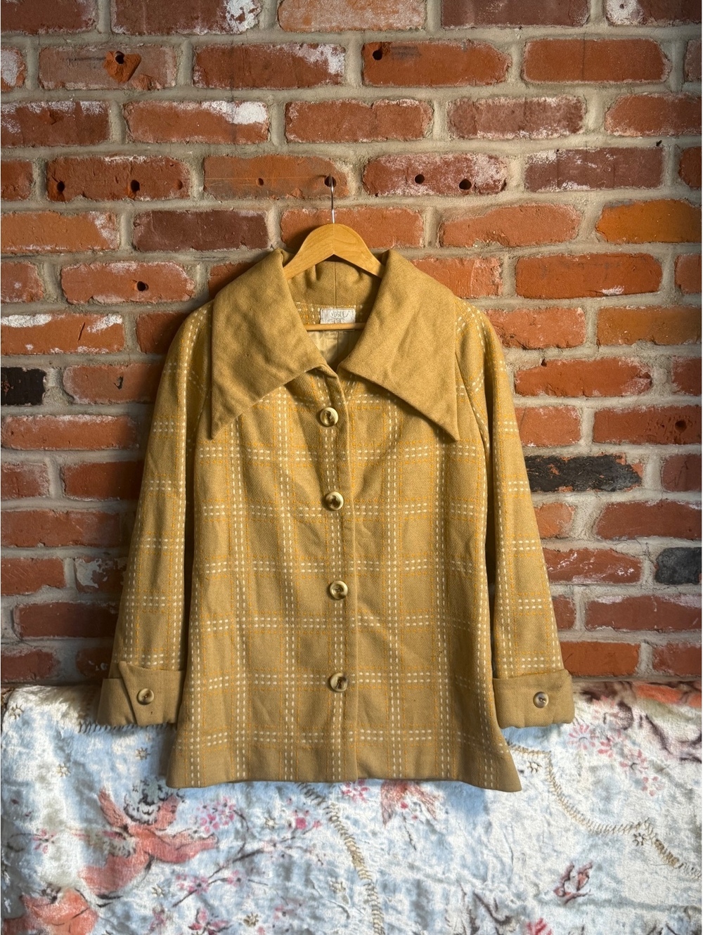 Vogue Couturier Vintage Mustard Yellow Plaid Wool Coat with Wide Collar